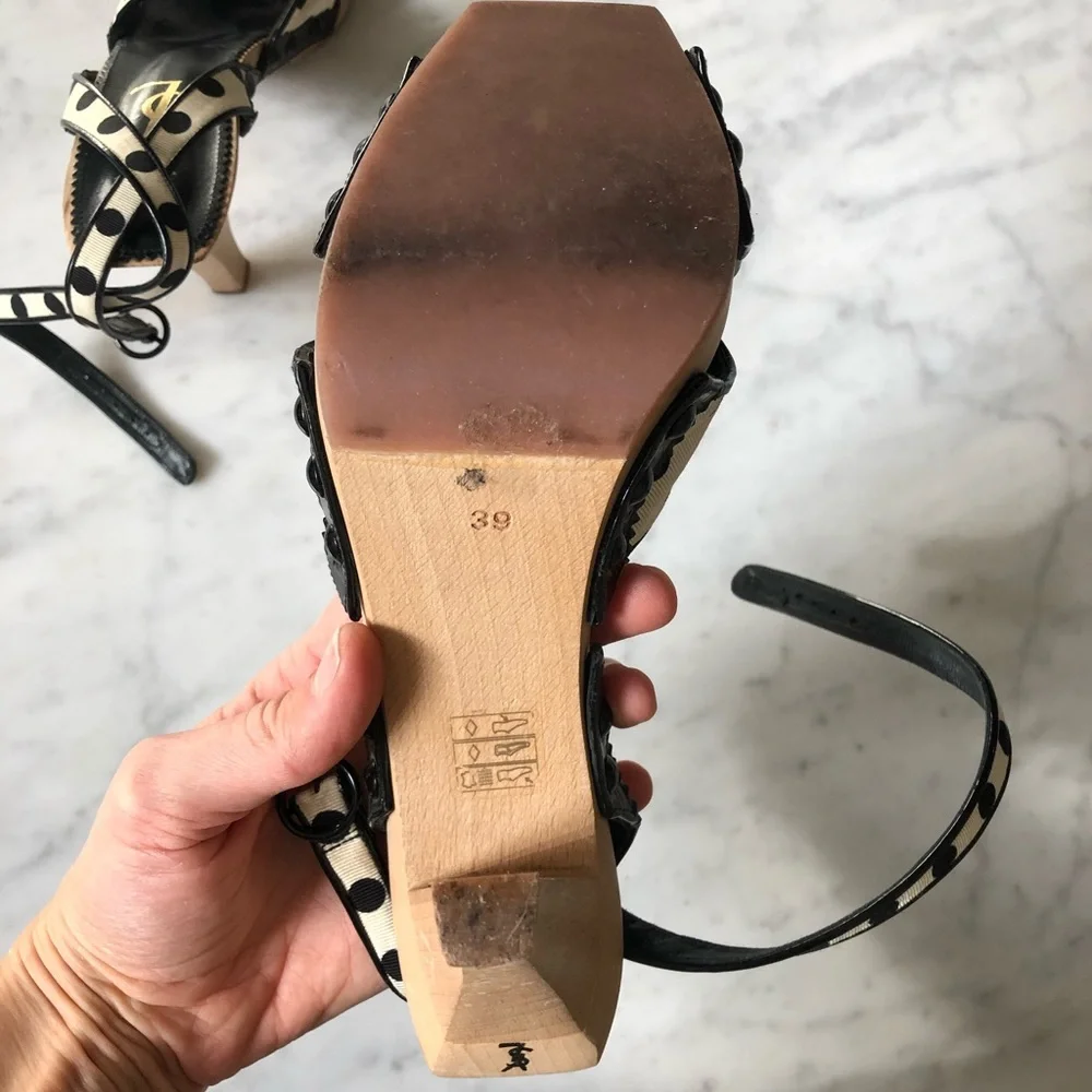 Yves Saint Laurent Black and Cream Polka Dot Slingback Heels